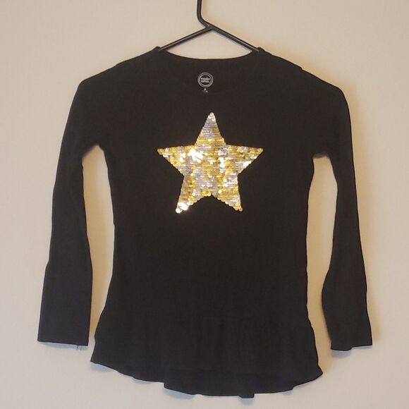 wonder nation Other - Girls Tunic Shirt BLACK HI-LOW Ruffle GOLD SILVER STAR Reverse Sequins Med 7-8